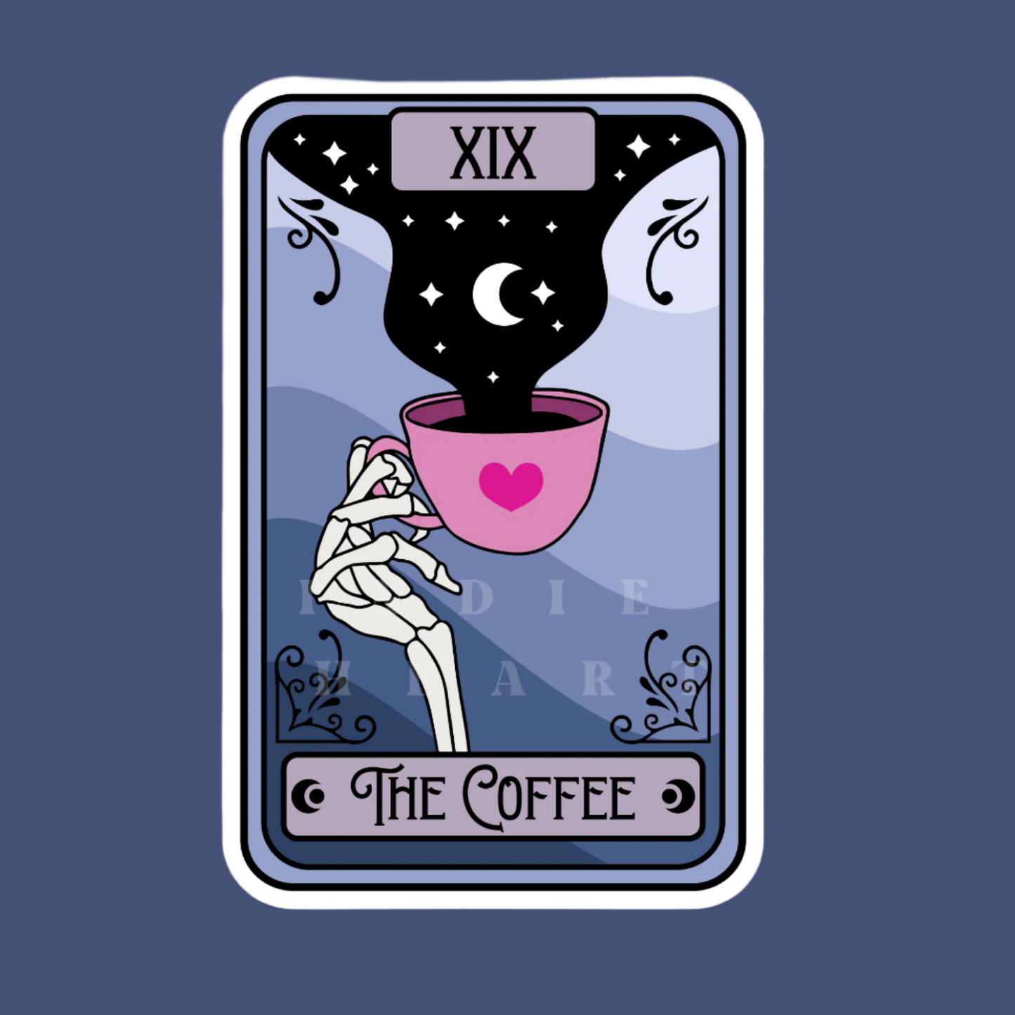 A vinyl sticker depicting a tarot card themed design with a cup and bones, titled 'The Coffee', with the card number XIX.
