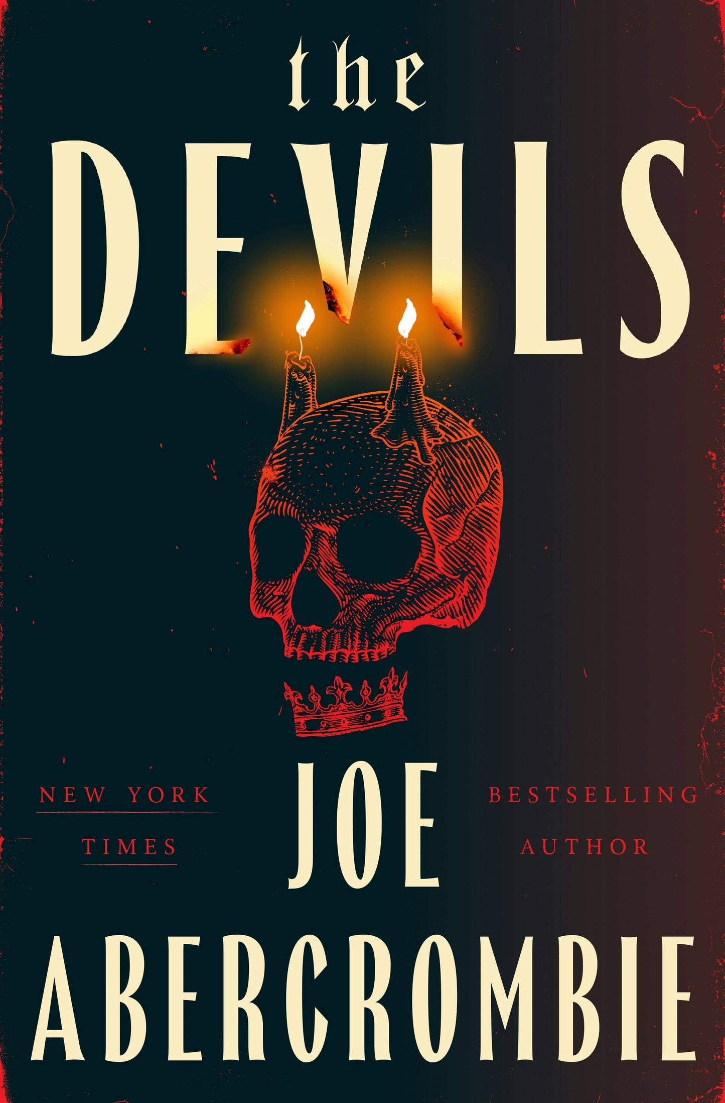 Book cover of 'The Devils' by Joe Abercrombie featuring a skull with candle horns on a dark background.