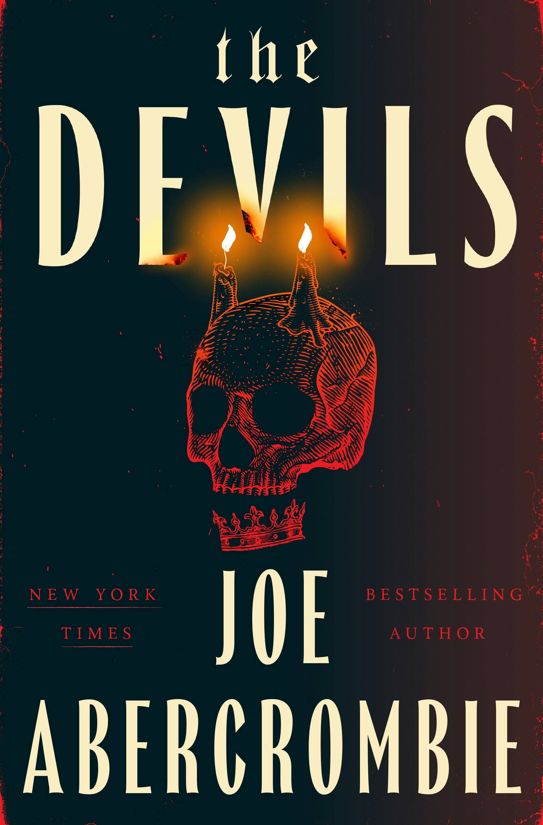Book cover of 'The Devils' by Joe Abercrombie featuring a skull with candle horns on a dark background.