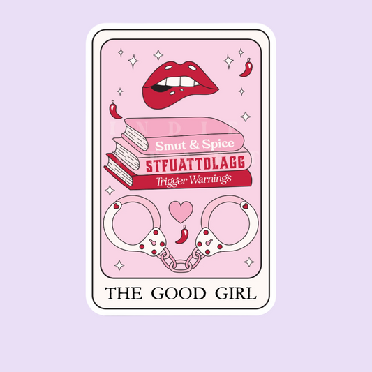 A vinyl sticker depicting a stylized tarot card named 'The Good Girl' with pink background, featuring lips, books, and handcuffs.