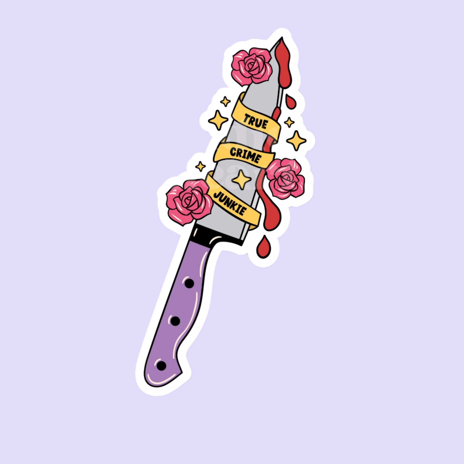 A vinyl sticker with a knife and roses design, featuring text 'TRUE CRIME JUNKIE' on a yellow banner, against a purple background.