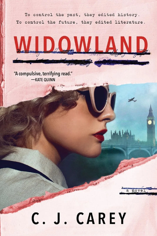 Book cover for the novel 'Widowland' by C. J. Carey image of a woman in sunglasses looking out with big ben in the background